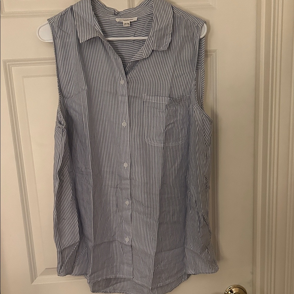 beachlunchlounge Blue and White Striped Sleeveless Button-Down Blouse